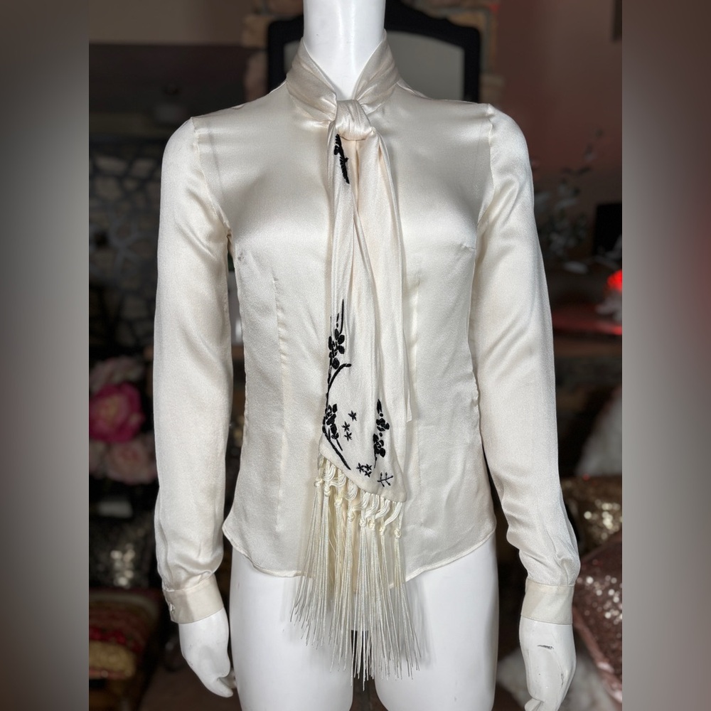 Alexander McQueen Ivory Silk Tie-Neck Button Down Blouse with Black Embroidery - Picture 2 of 15